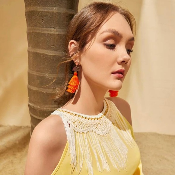 Orange and Gold Tassel Earrings - Picture 5 of 5